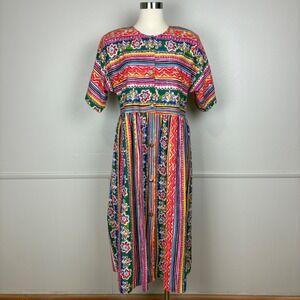 Saks Fifth Avenue Vintage Midi Dress Sz XL Bright Button Front Pockets Loud 80s
